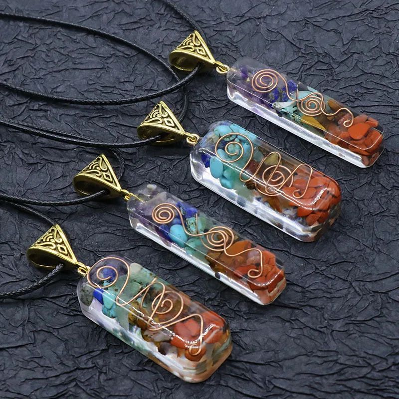

Retro Reiki Healing Stone Resin Pendant Necklace Colorful Chips Chakra Orgone Energy Pendulum Amulet Orgonite Crystal Necklace