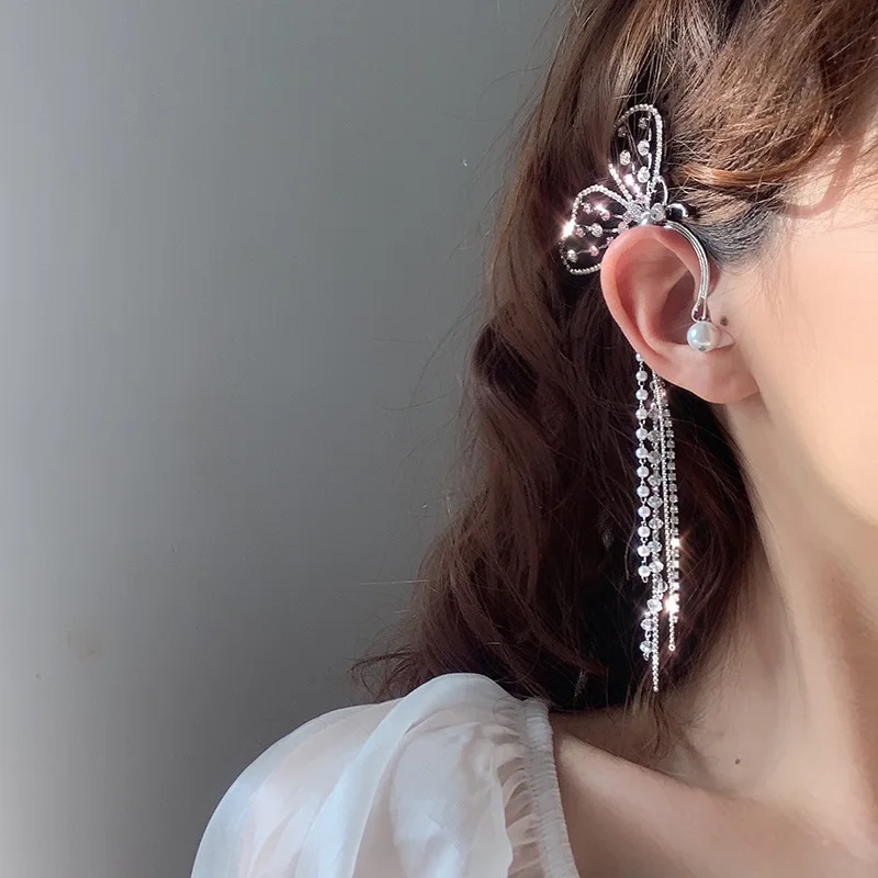 

Pearl Rhinestone Tassel Earrings Fashion Diamond Butterfly Non-pierced Ear Clip Women Jewelry 2021, Like picture