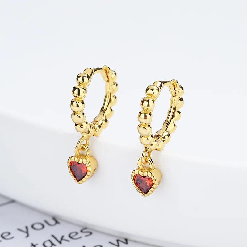 fashion jewelry 925 sterling silver simple red love heart diamond zircon pendant bead shape gold plated hoop earrings women