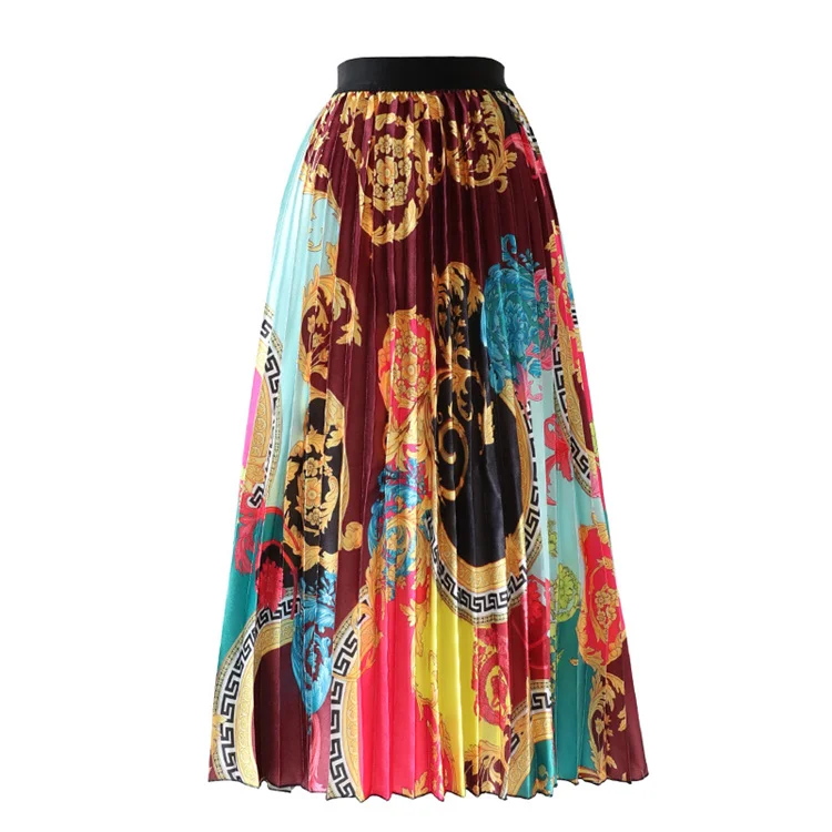 

Folk Printed Summer Pleated Skirts Women 2021 High Waist European Floral High Stretch Midi Skirt, White