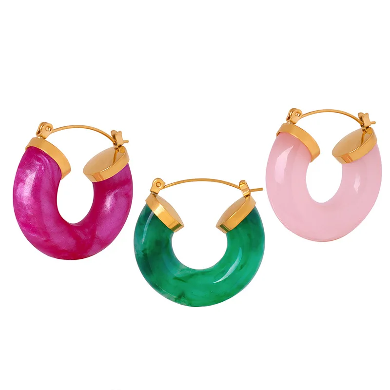 

Chunky Clear Green Pink Resin Vintage Resin Hoop Earring Statement Stainless Steel Earring Big Earring Waterproof