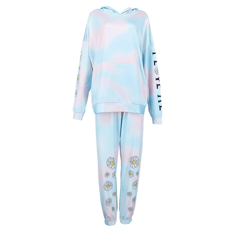 

Women 2pcs Tie Dye Print Flower Sport tracksuit Ladies Wear Sweatshirt Pant Jogger Set, Custom color