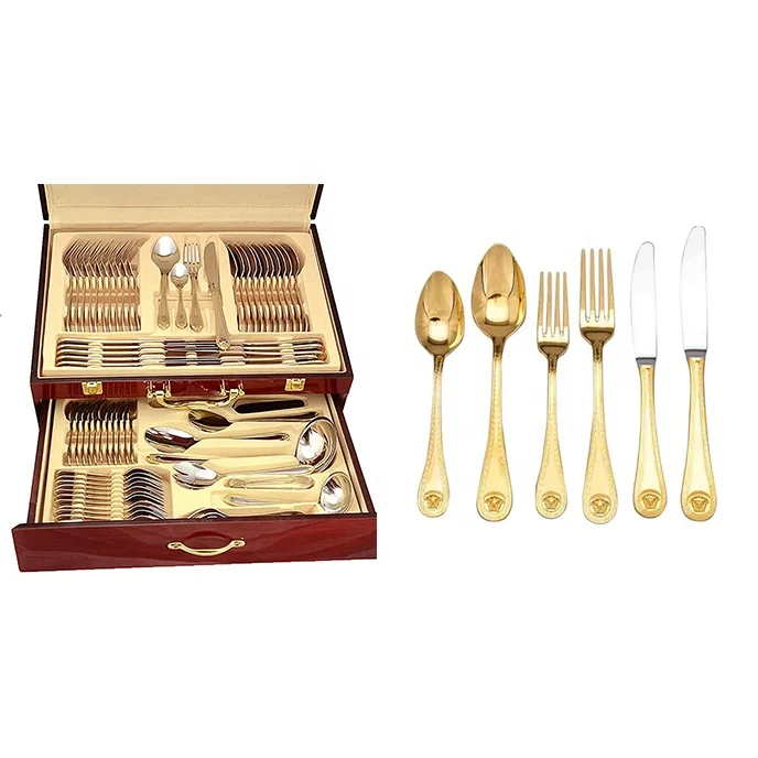 

72 pcs Italy vintage old Medusa design gold plated silverware cutlery set with leather case, Fine Flatware Set Wooden Chest