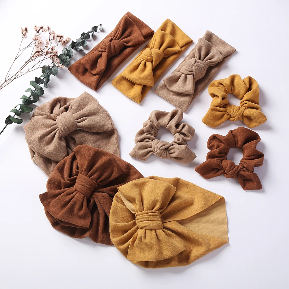 

3Pcs/Lot Solid Faux Cashmere Baby Turban Hats Elastic Bowknot Headband Rabbit Bunny Ear Hair Scrunchies Bands Fashion Headwraps