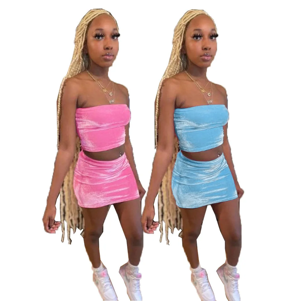 

2022 Spring Clothing Women Sexy Casual 2 Piece Sets Beach Dresses Strapless Tube Top Women's Skirts Two Piece Set Clothing, Picture color