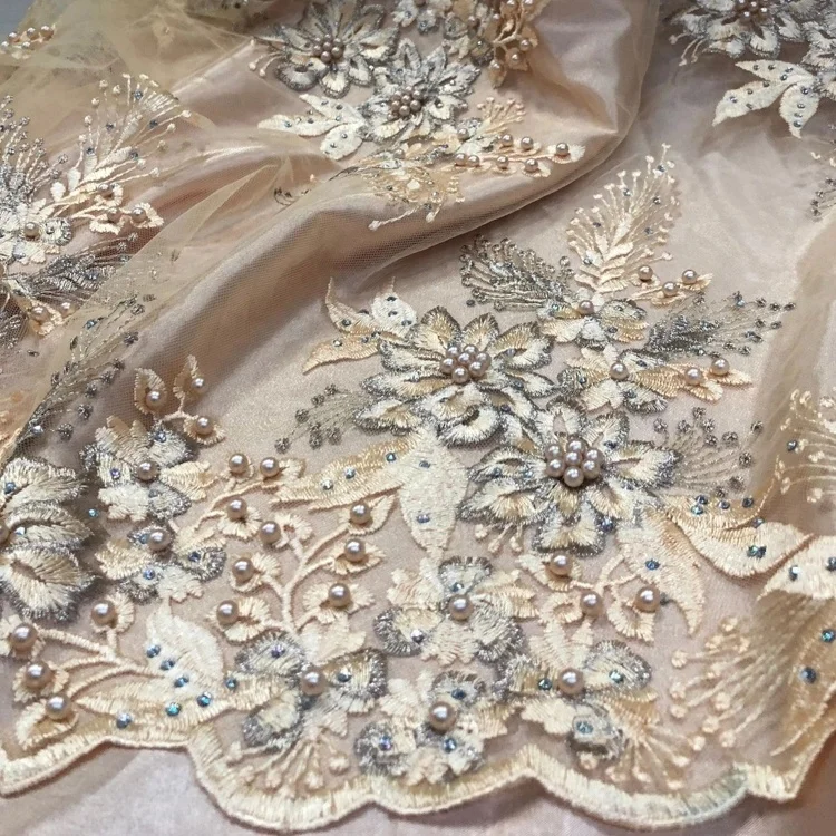 

New arrival lace fabric 3d french tulle beaded sequins embroidery textile handmade fabric