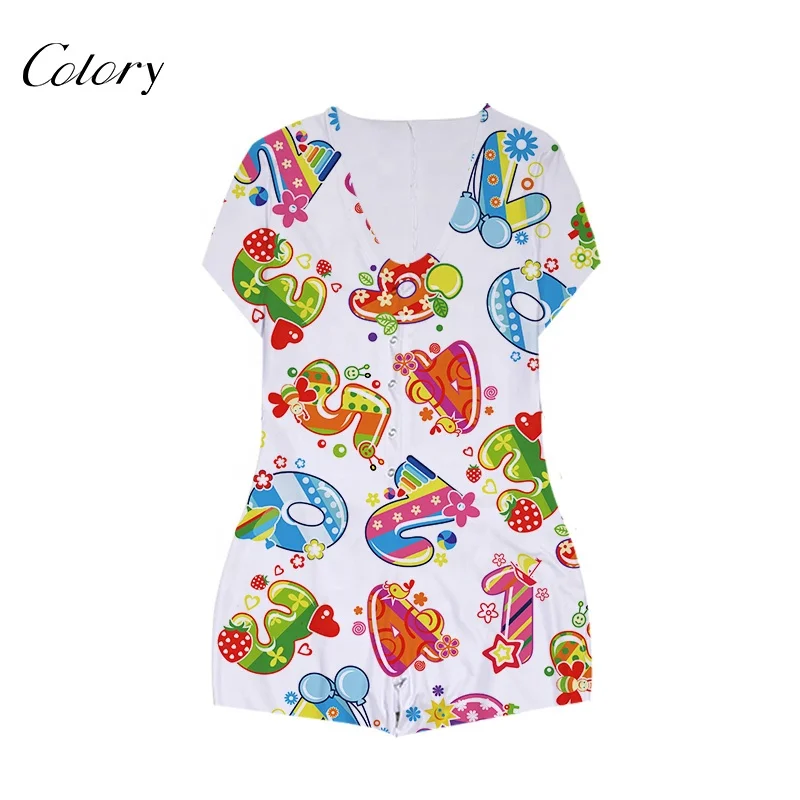 

Colory 2021 Hot Sale Women Short Sleeve Sexy Rompers Brands Printing Adult Pajama Shorts Designer Onesie, Customized color