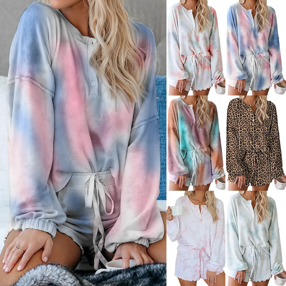 

2 Pcs Women's Summer Tie-dye Streetwear Sets Loose Causal Long Sleeve Pajama Set Plus Size Short Sets Woman Rainbow Sleepwear, Customized color