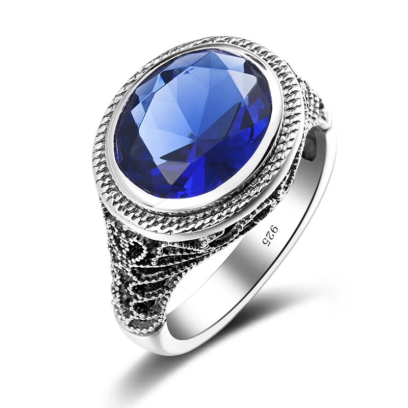 

Classic Vintage Band Men Rings Oval Sapphire Trendy 925 Sterling Silver Jewelry Men Ring