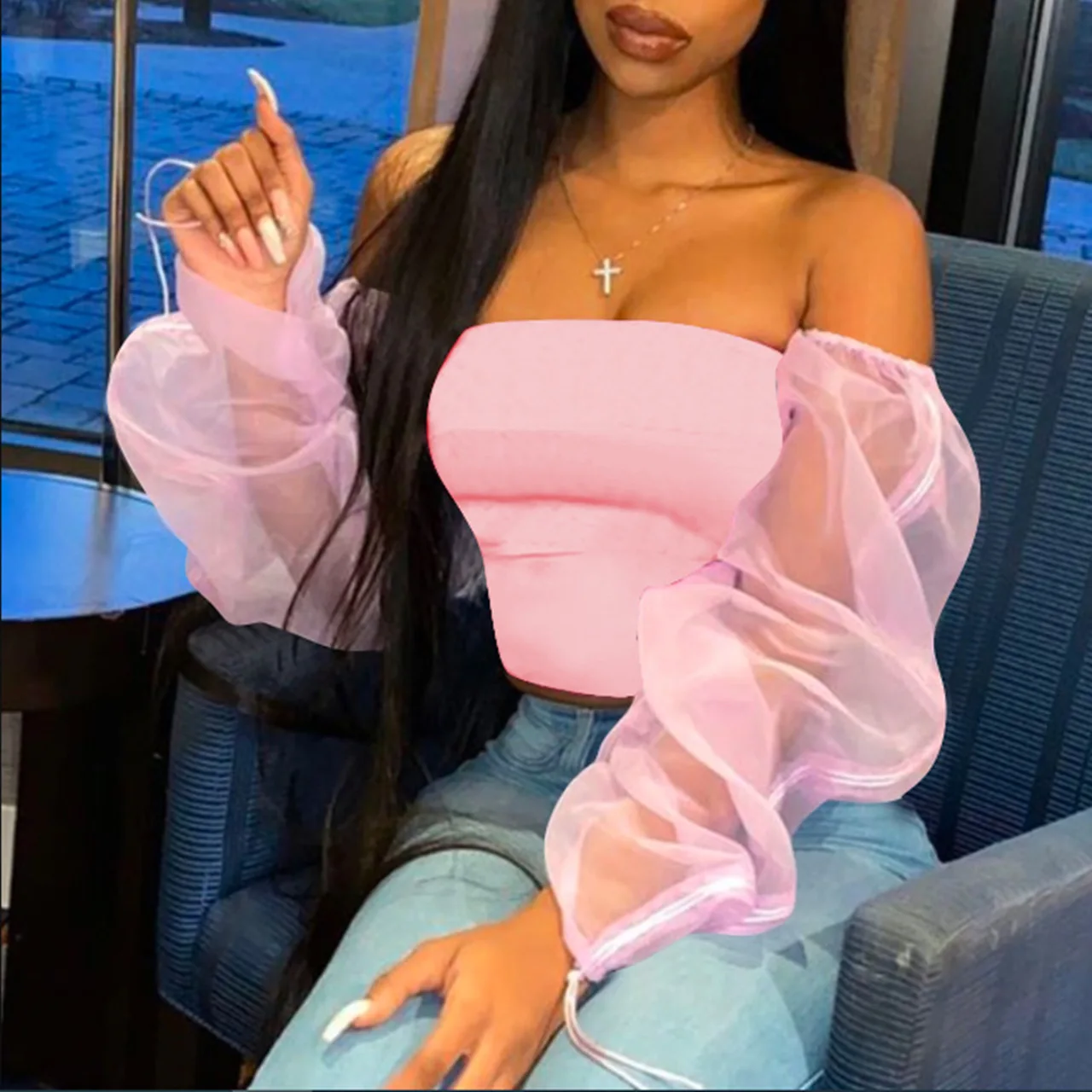 

hot models fashion casual lantern sleeves touching chest sexy multi-color top women t-shirt, Red,black,green