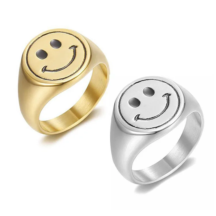 

RS1025 High Quality Non Tarnish Unisex 18k Gold Plated Stainless Steel Smiley Signet Womens Mens Rings for Couple, Various colors are available