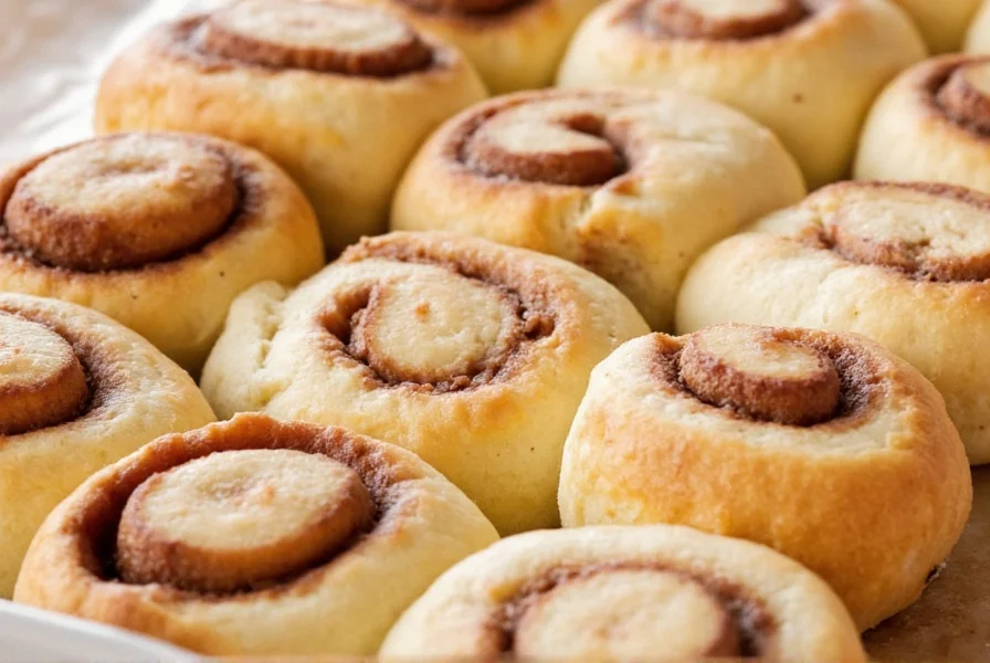 Finished quick cinnamon rolls on a baking sheet with cream cheese icing