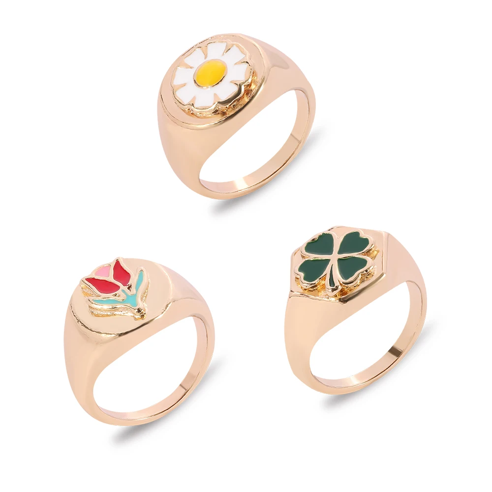 

2020 Korea New Yellow Enamel Small Daisy Tulip Clover Metal Rings Gold Color For Women Girls Minimalist Jewelry Gifts Wholesale