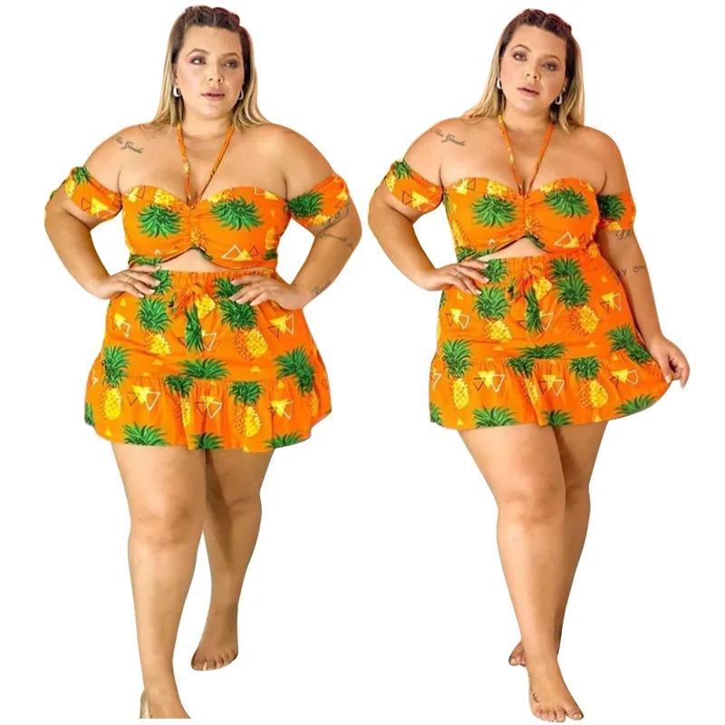 

Adorable Pineapple Pattern Women Summer Outfits Plus Size Cropped Top Short Sleeve Off Shoulder Halter 2 Piece Skirt Set, Yellow