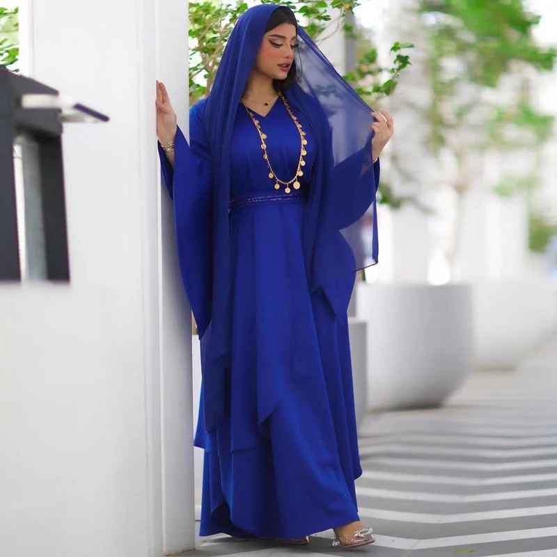 

Eid Ramadan Mubarak Fashion Muslim Hijab Dress for Women 2021 New Dubai Turkey Arabic Ruffle Long Sleeve Dresses Blue