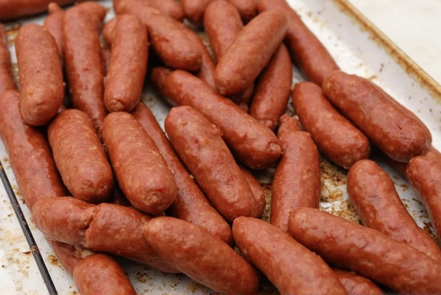 Smoked andouille sausages hanging in a wooden smokehouse