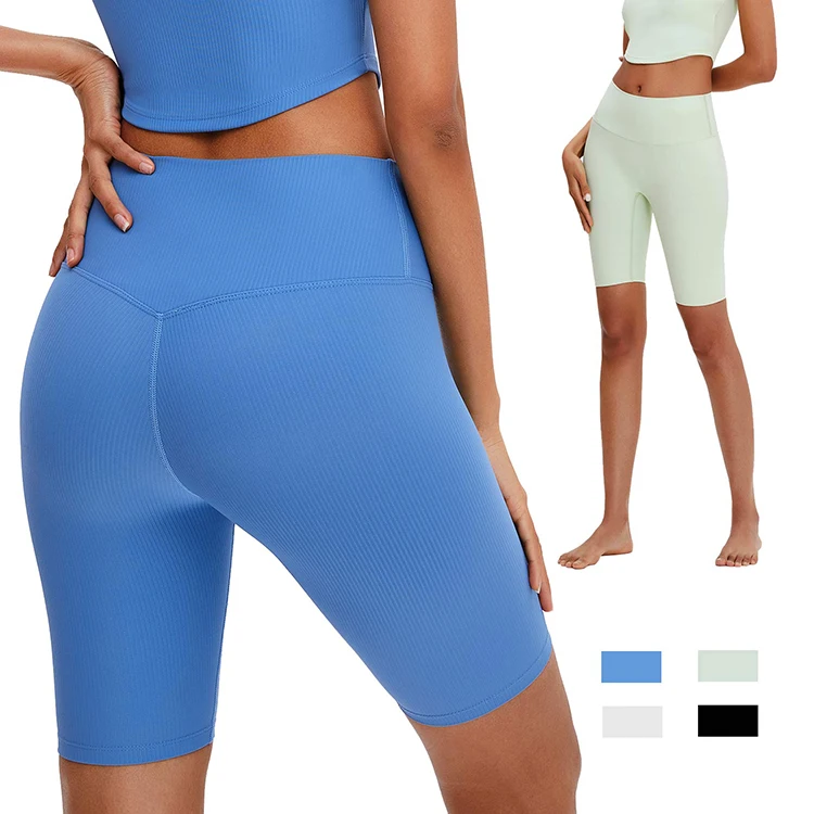 

New arrivals solid color ribbed pattern yoga shorts half length yoga leggings