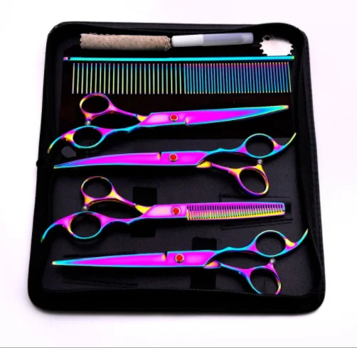 

B1009 7pcs/set Professional Hair Cutting Salon Barber Pets Animals Grooming Thinning Shears Hairdressing Cutting Scissors Sets, 5 colors