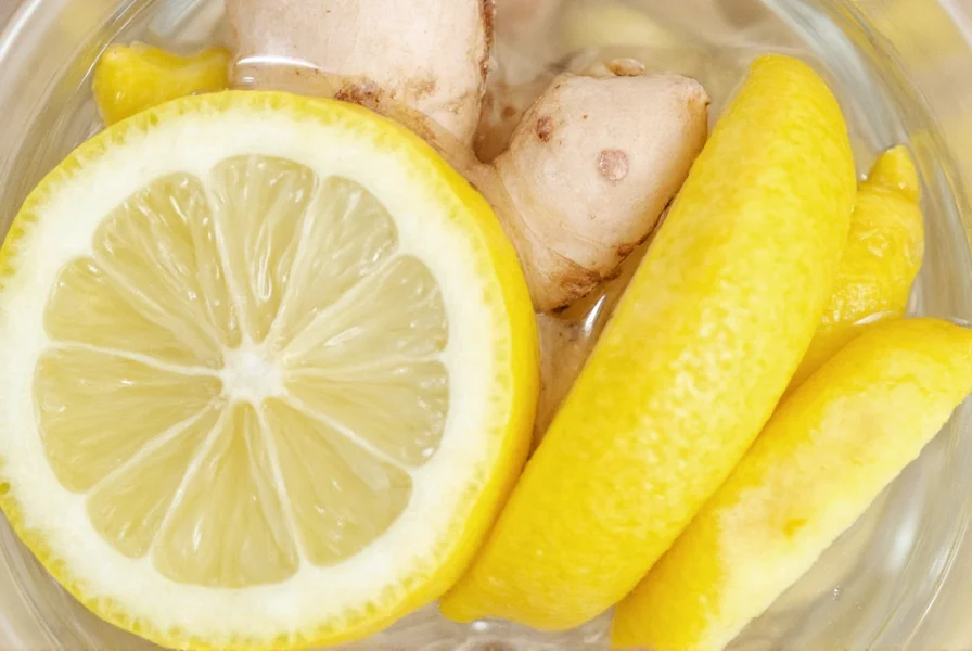 Close-up of fresh lemon slices and ginger root in clear glass pitcher of water