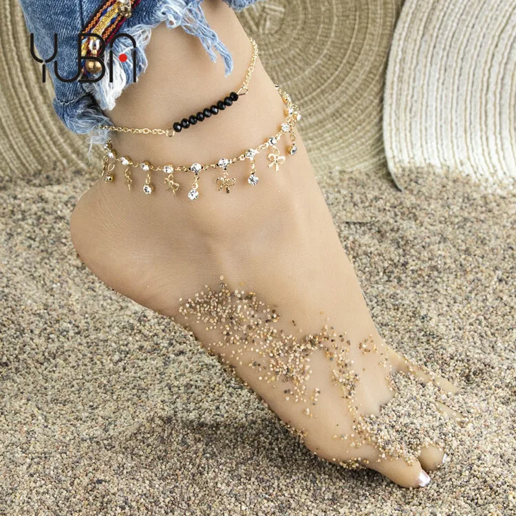 

Women Dainty Anklet14k Gold Plated Satellite Anklet Beads Chain Tassel Disc Heart Summer Ankle Bracelet Double Layered Cute Gift