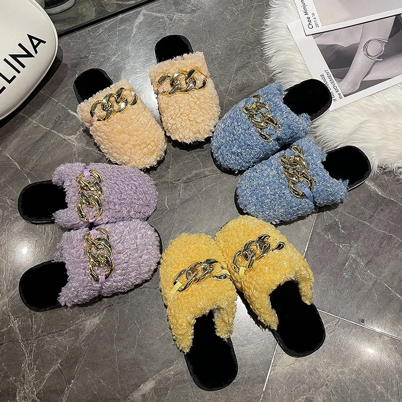 

Women's Fashion Soft Indoor Home Fluffy Fuzzy Sheep Skin Slippers Wool Winter Cheap Anti-Slip Fur Cotton House Slippers, Yellow purple blue apricot