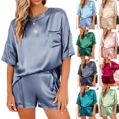 

Spring Summer Silk Pajama Set Women Sexy Silk Sleepwear Home Suit Satin Pajamas Female Loose Lounge Wear Sets Pjs Women Coldker, As shown