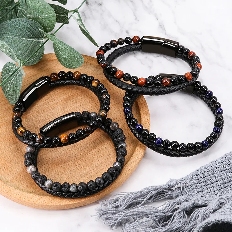 

2021 8mm Natural Stone Beads Bracelet Clasp Leather and Tiger Eye Lava Stone Beads Bracelet for Men