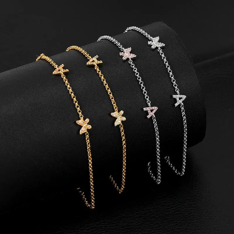 

thin chain butterfly charm mini initial bracelet