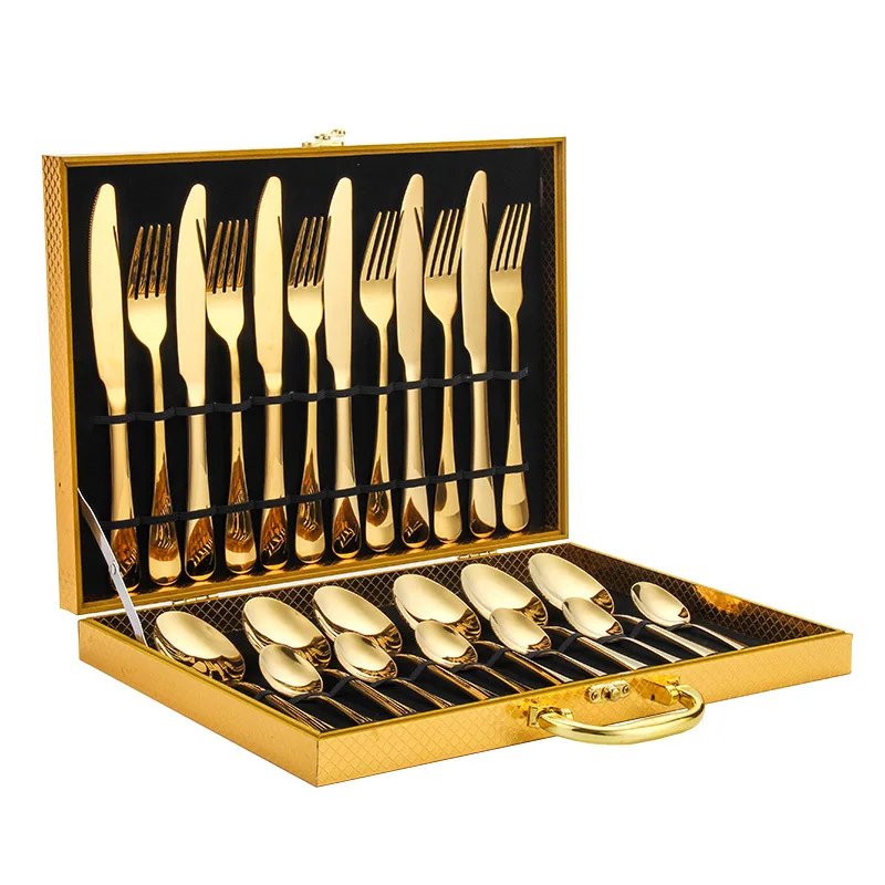 

24pcs Gold Plated Flatware Cutlery Set Stainless Steel Silverware