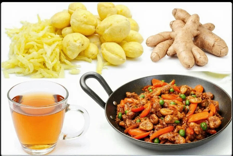 Various culinary applications of fresh ginger root including grated ginger, ginger tea preparation, and ginger in stir-fry