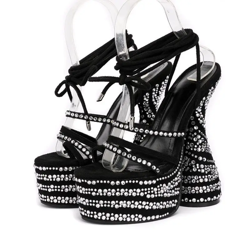 

2021 Amazon Hot Sales Fashion Ladies Sandals Round Toe Platform High Heel Rhinestone Ladies Strappy Sandals