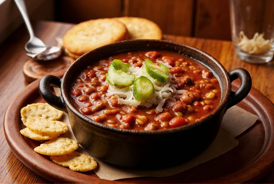 Traditional Texas chili served in a cast iron pot with side of crackers and onions at authentic Austin restaurant