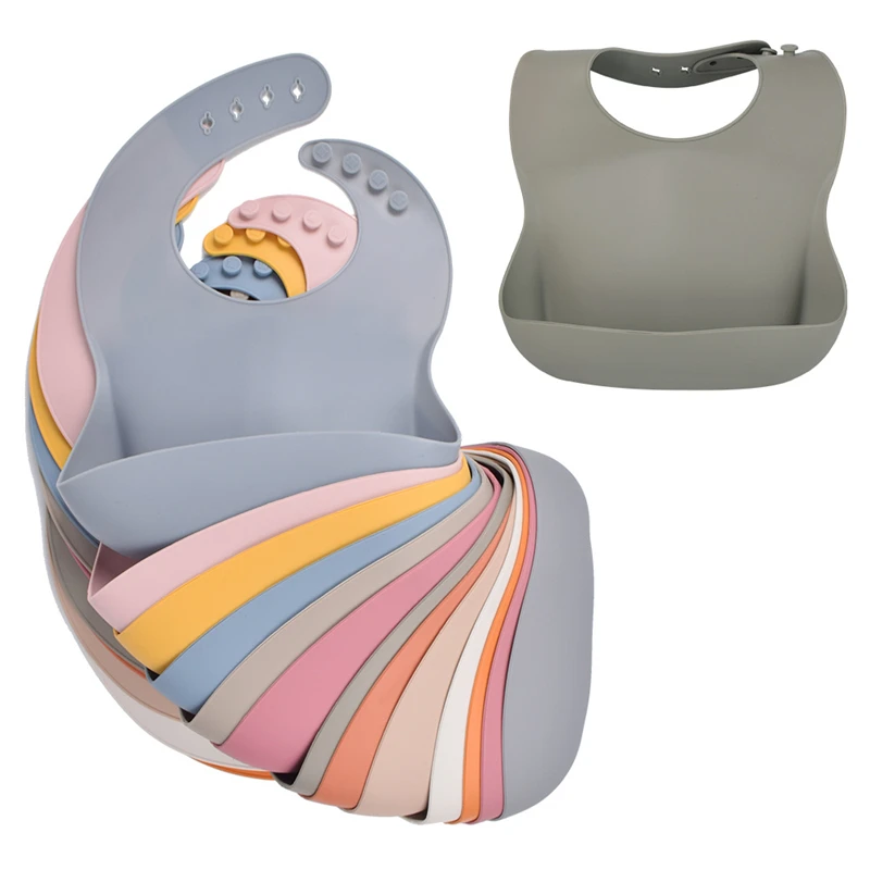 

Blue Pink Yellow 100% Food Grade BPA Free Silicone Soft Adjustable Fit Newborn Waterproof Silicone Baby Bibs