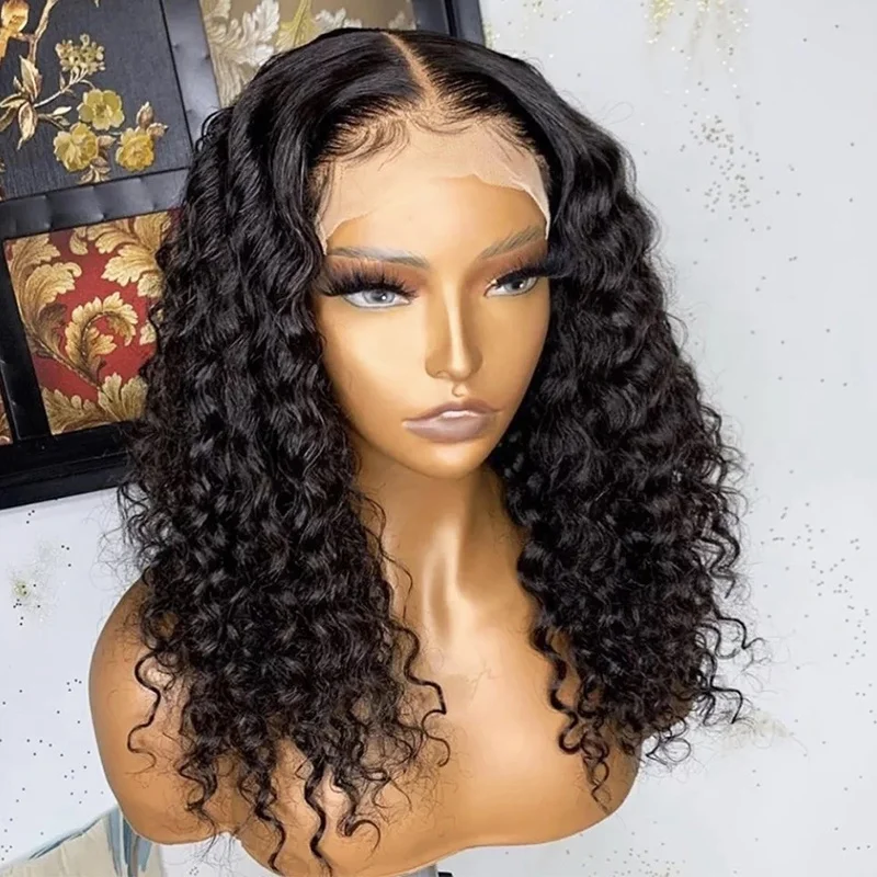 

New Style 18inch Curly Lace Wig Human Hair Natural Black 150% Virgin Hair Wigs