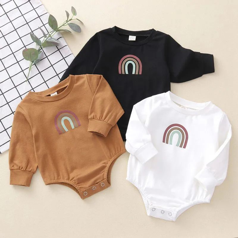 

rainbow print Round neck long sleeve infant toddler jumpsuit solid color pure cotton newborn baby rainbow romper