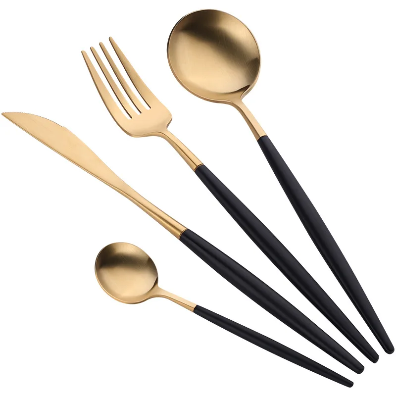 

Zogifts Hot Sale Stainless Steel 304 Portugal Cutipol Matte Gold Plated Black Handle Cutlery Set