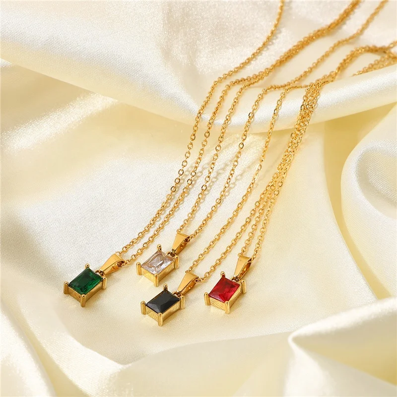 

Light Luxury Personality Quality Stainless Steel 18k Gold Plated Square Green Cubic Zircon Pendant Necklace For Women