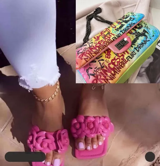 

2021 new fashion graffiti bag and slippers set ladies trendy sandals matching bags set, 1color as picture