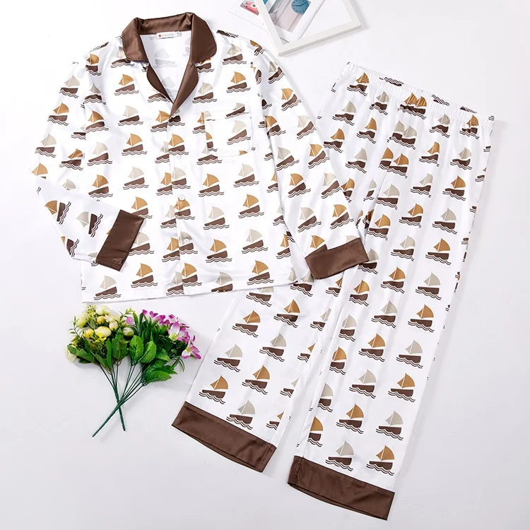 

2021 Brand Custom Polyester Sublimation Print Sleepwear Spring Set Long Sleeve Silk Satin Pajama Men, Provide color chart to choose