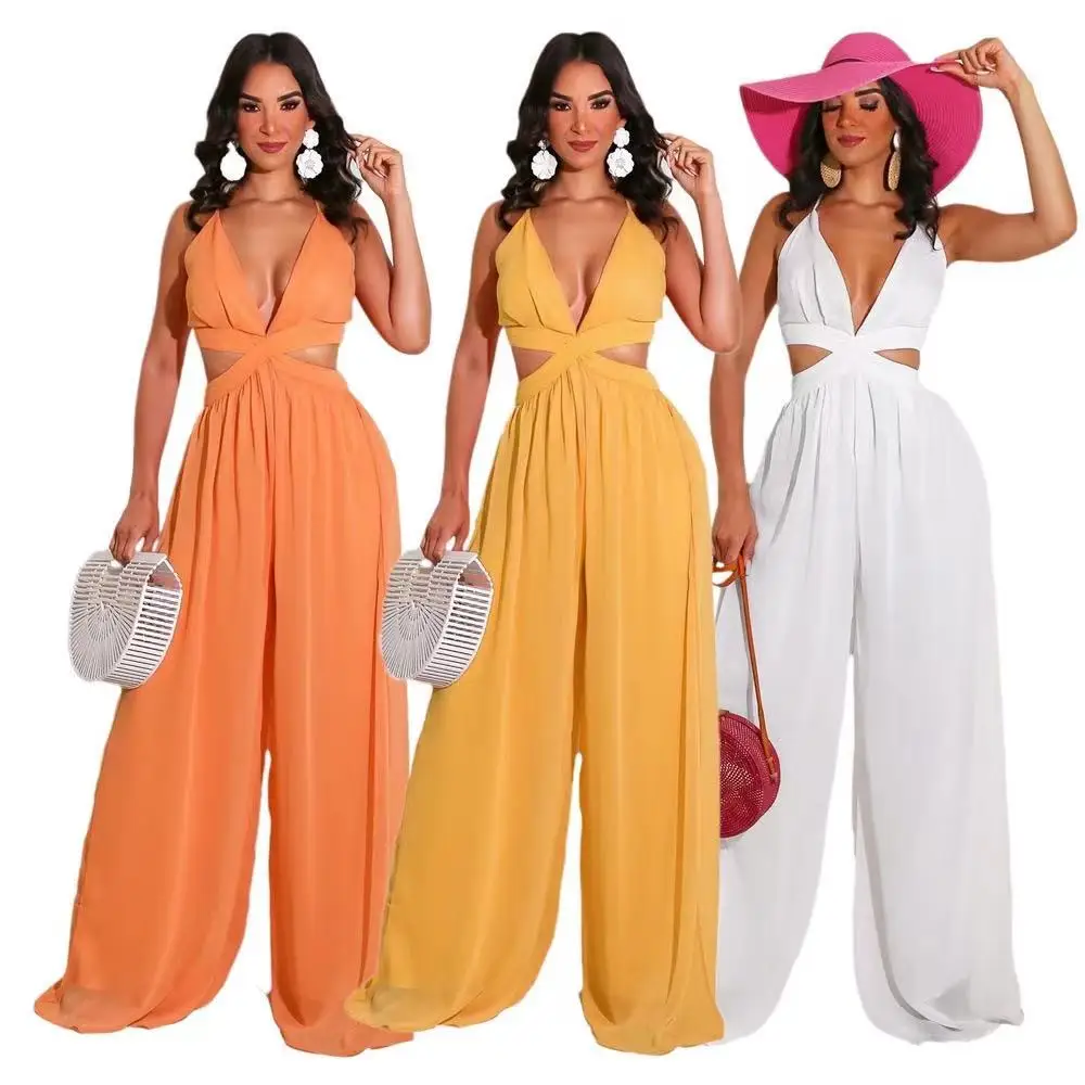 

Summer 2021 wide leg pants sexy deep V neck cut out jumpsuits slim fit elegant style, 3 colors as picture