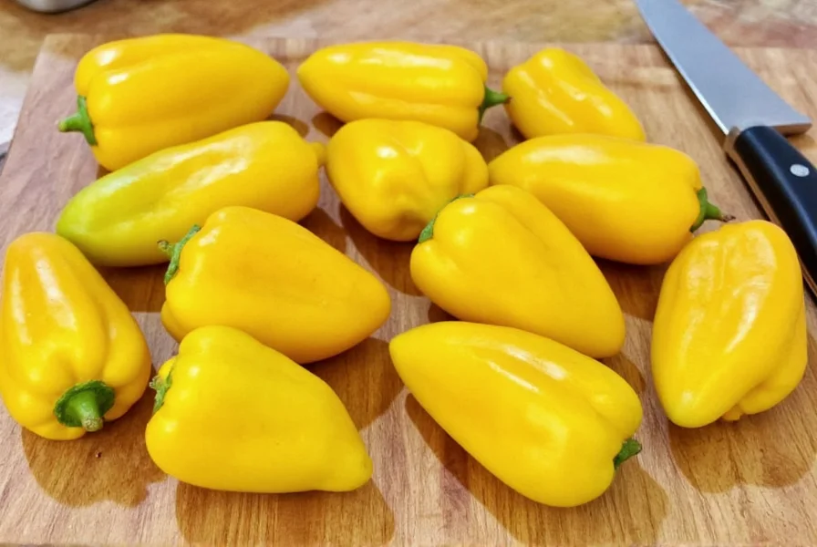 Fresh yellow banana peppers arranged on wooden cutting board with pickling ingredients