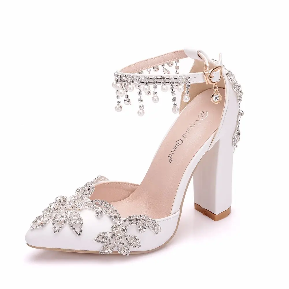 

square high heel sandals for wedding 10.5cm heel bridal heels pointed toe white PU