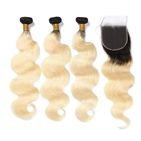 

Ombre T1B/613 Dark Roots Blonde Body Wave Brazilian Remy Virgin Human Hair Extensions 3 Bundles With Free Part 4x4 Lace Closure