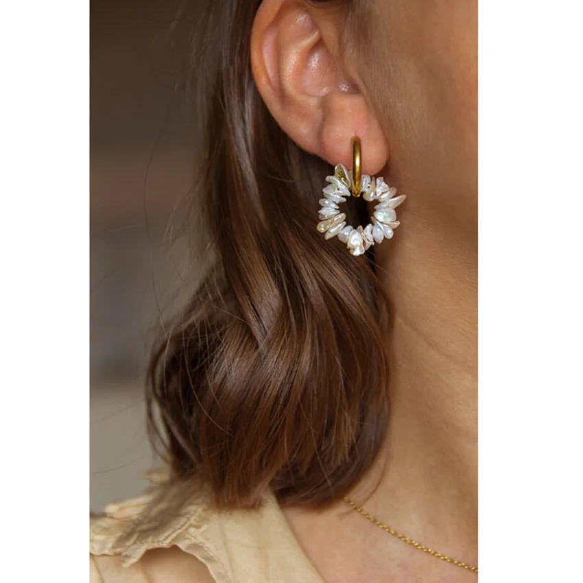 

Bohemia Instagram Simple 18K PVD Plated Stainless Steel Irregular Natural Freshwater Baroque Pearl Beads Earrings, Gold