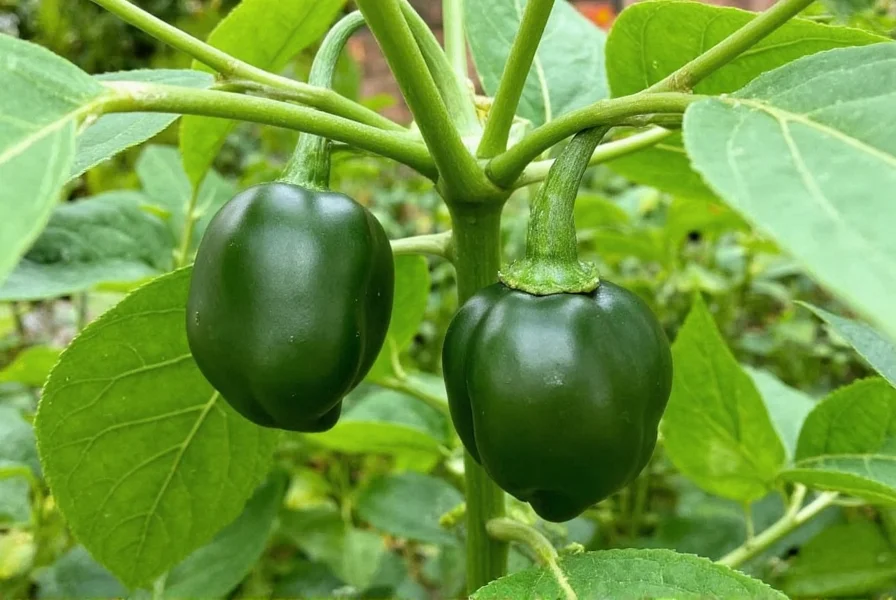 Healthy poblano pepper plant growing in garden with dark green peppers visible among leaves