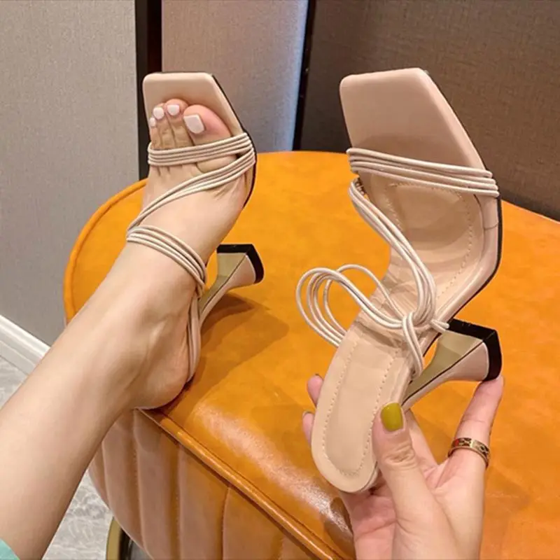 

Fine String Fashion Kitten Heel Sandals Casual Slides Summer Sexy High Heels Shoes Women Square Toe, Black,apricot