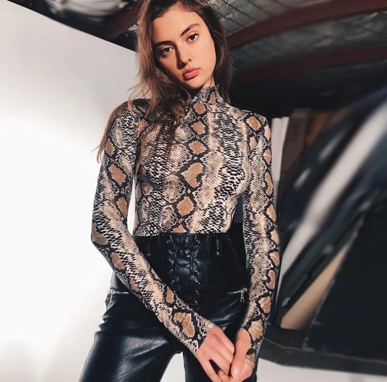 

Sexy long Sleeve Custom Women Bodysuit Tops For Ladies Leopard snakeskin grain Printed Body Suit with