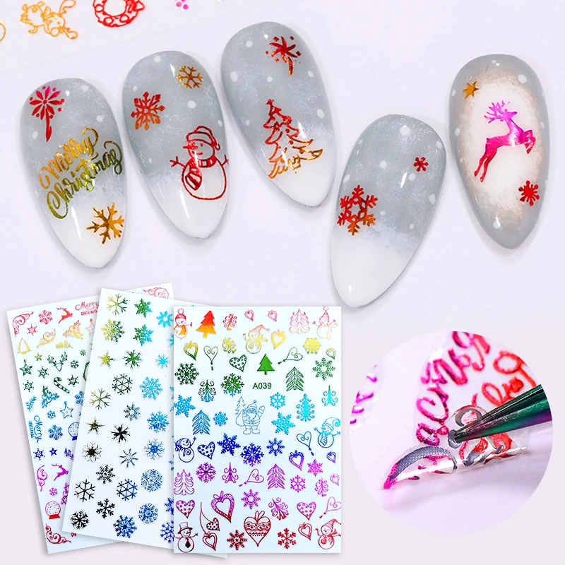 

3D Nail Art Christmas Slider Wraps Snowflake Elk Santa Adhesive Flame Sticker Luminous Manicure Nails Designs, Rainbow/luminous/white