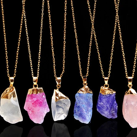 

Hot Sale Handmade Stone Necklaces Amethyst Natural Rough Quartz Teardrop Stone Pendant Necklace, Pink/purple/green/red