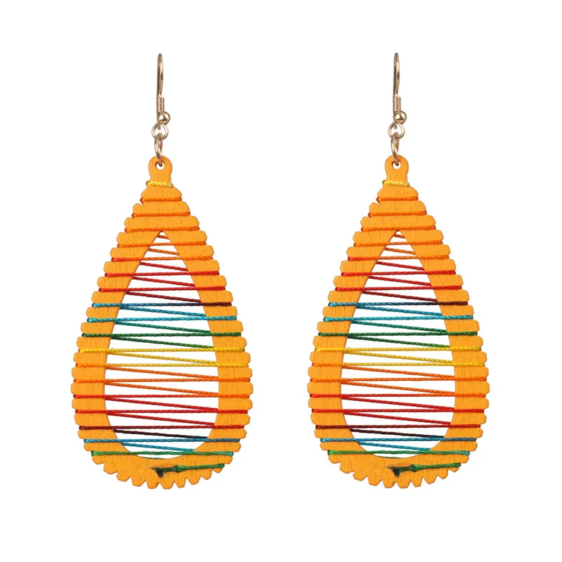 

African Rainbow String Wrap Water Drop Yellow Wood Earrings Geometric Hollow Teardrop Earrings, As pictures